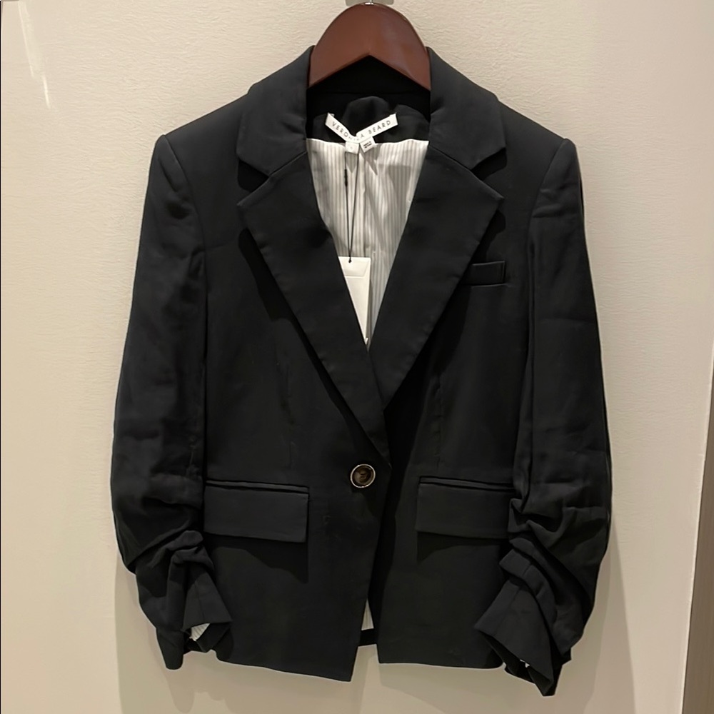 Veronica Beard linen blend dickey blazer with ruched sleeves